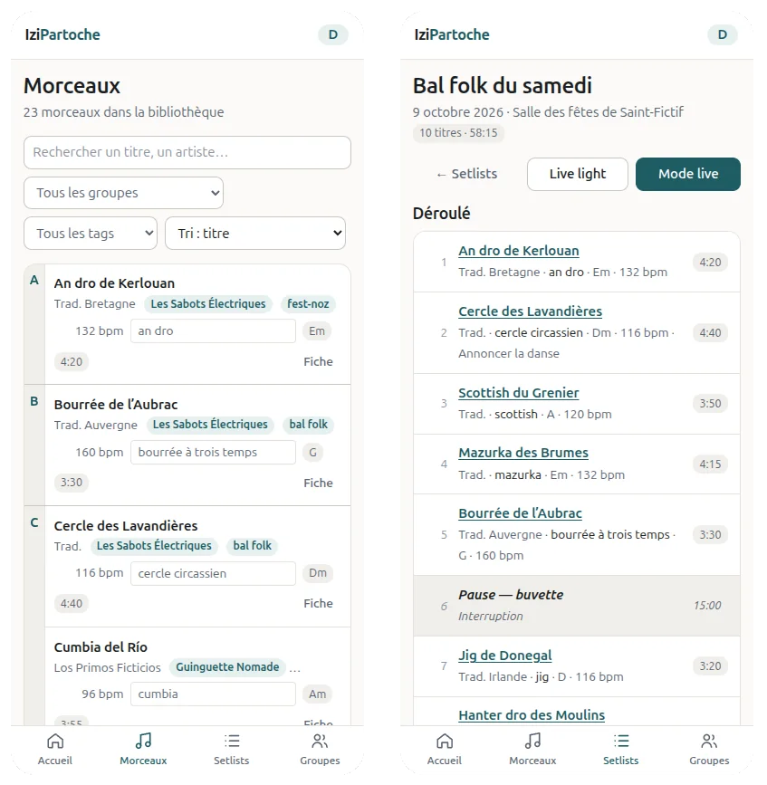 L’application sur deux téléphones : la liste des morceaux et une setlist.